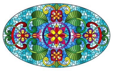 Illustration in stained glass style with abstract flowers, leaves and curls on a blue background,  horizontal oval image