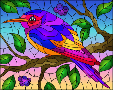 Illustration in the style of stained glass with a beautiful bright bird on a  background of branch of tree with berryes and sky