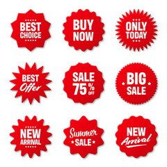 Realistic red price tags collection. Special offer or shopping discount label. Retail paper sticker. Promotional sale badge. Vector illustration.