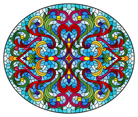 Illustration in stained glass style with abstract flowers, leaves and curls on a blue background, horizontal oval image