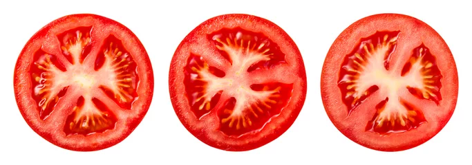 Fotobehang Tomato slice top view isolate. Tomato on white background. Set of round tomato slices. With clipping path. © MarcoFood