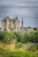 Old, ruined Trim Castle and St Patricks Catholic Church in the background in Trim village, County Meath, Ireland