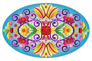 Illustration in stained glass style with abstract flowers, leaves and curls on a blue background, horizontal oval image