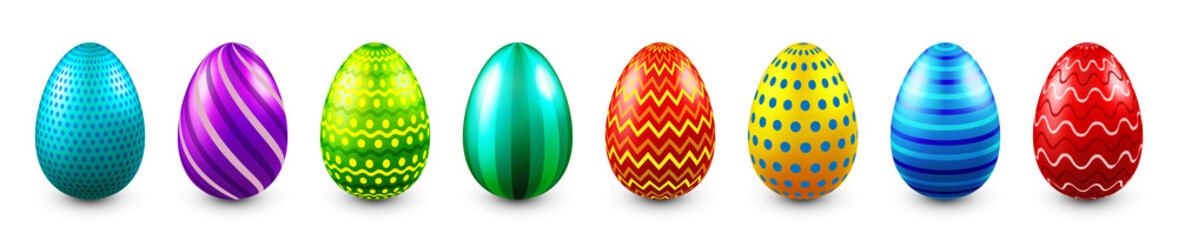 Colorful Easter eggs isolated on white background. Seasonal spring decoration element. Egg hunt game. Vector illustration.