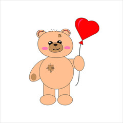 Funny character Teddy holds a heart ball in his paws .  Flat vector illustration isolated on a white background.
