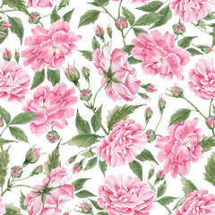 seamless background with delicate watercolor pink roses, hand painted pattern