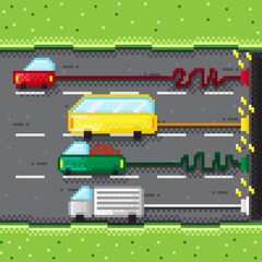 The cars don't use gas. Electric powered car pixel art. Electric cars. Vector illustration. Electric cars charging its battery with the natural landscape.