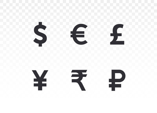Currency icons. Collection of currency symbols - dollar, euro, pound, rupee, yuan, yen, ruble. Cash icon. Currency exchange symbol. Coins icon. Finance symbol. Currency symbol. Bank payment symbol.