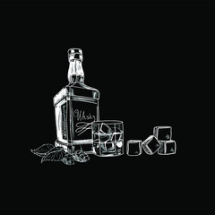 Scotch whiskey bottle, glass with some ice cubes. 