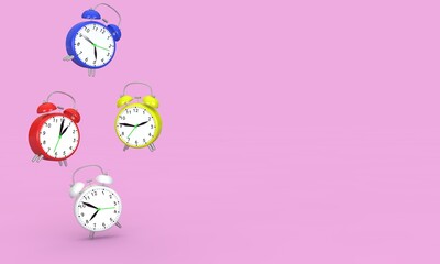 Alarm clocks fly in the air on a pink background. Free space for your design