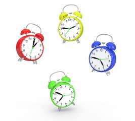 Alarm clocks fly in the air on a white isolated background. Free space for your design