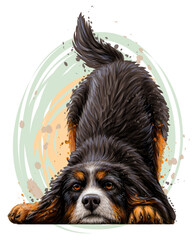 Playing dog. Wall sticker. Color,  drawing portrait of a Bernese mountain dog puppy in watercolor style on a white background. Separate layer. Digital vector drawing - 419234464