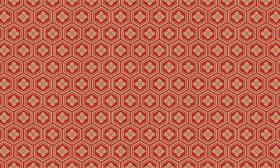 和柄　亀甲模様　シームレスパターン　赤　金色