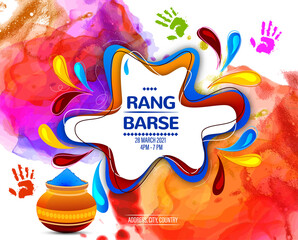 
illustration of  Colorful splash for Happy Holi background for Festival of Colors celebration with message in Hindi Holi Hai meaning Its Holi
