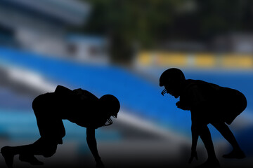 American football player in action, silhouette isolated on stadium background. Sportsman in full equipment on court. Rugby sport man, popular super star collage sport.
