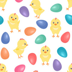 Easter background. Colored eggs and funny cute yellow baby chicks seamless pattern. Vector holiday illustration in cartoon flat style.