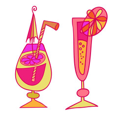 Isolated vector illustration design of silhouettes of cocktail glasses with lemon in bright pink