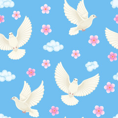 White doves in sky, clouds and pink flowers on blue background. Vector spring seamless pattern. Cartoon illustration.