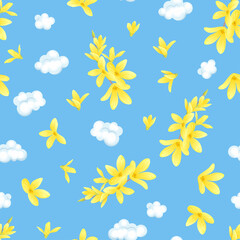 Seamless pattern with yellow forsythia flowers and clouds on a blue background. Vector spring floral illustration.
