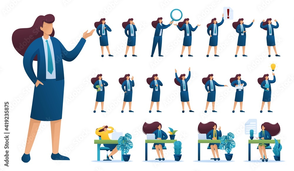 Poster set of businesswoman. presentation in various in various poses and actions. 2d flat character vector