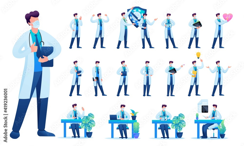 Poster set of man doctor. presentation in various in various poses and actions. 2d flat character vector il