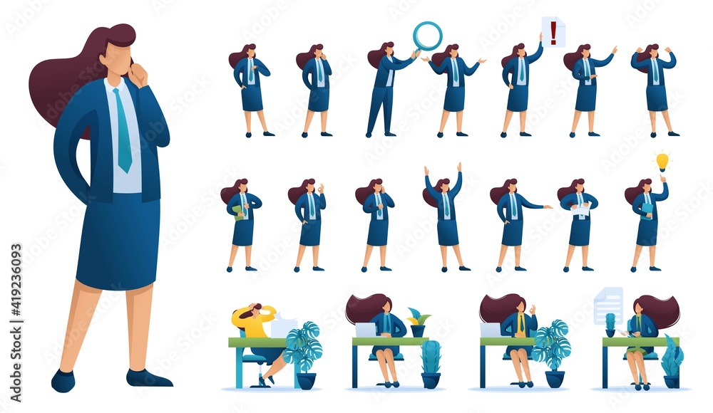Poster set of businesswoman. presentation in various in various poses and actions. 2d flat character vector