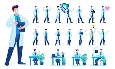 Set of Man doctor. Presentation in various in various poses and actions. 2D Flat character vector illustration N6