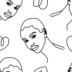 Modern female face silhouettes. Seamless pattern of hand drawn fashionable girls. Continuous line, minimalistic concept. Vector illustration.