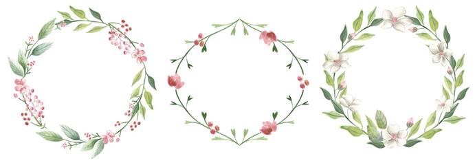 Watercolor flower wreath  spring bouquet frame pink blossoms
