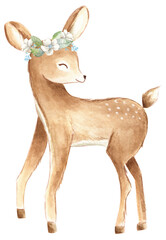 Watercolor baby deer with blue flower crown 