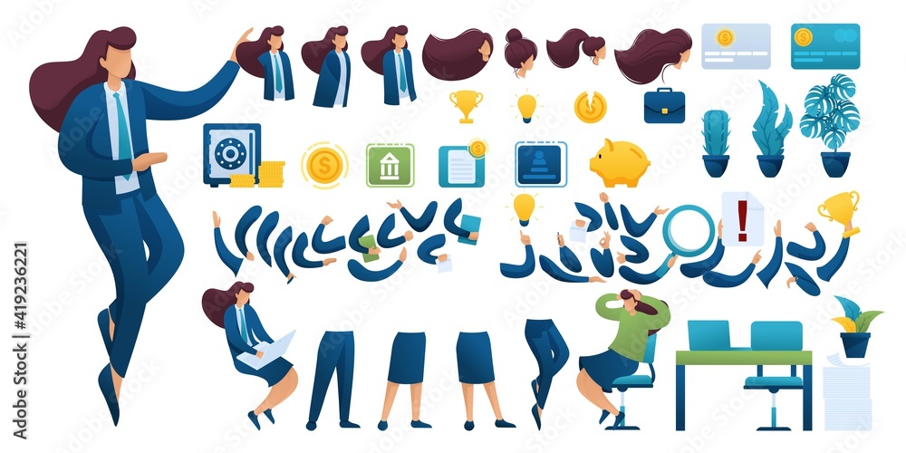 Poster constructor for creating a businesswoman. create your own businesswoman character with a set of hand