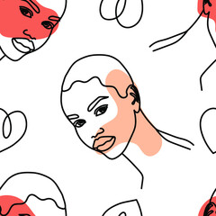 Modern female face silhouettes. Seamless pattern of hand drawn fashionable girls. Continuous line, minimalistic concept. Vector illustration.
