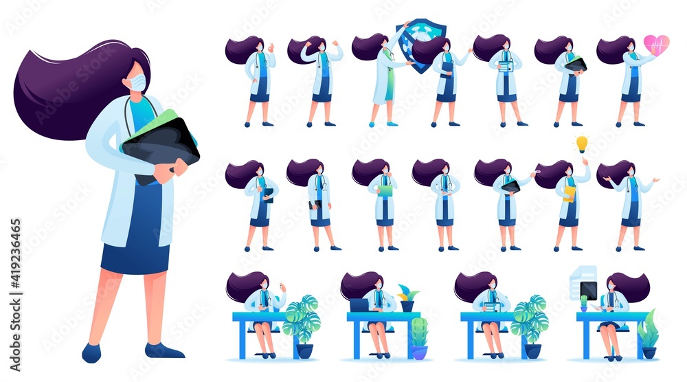Poster set of woman doctor. presentation in various in various poses and actions. 2d flat character vector 