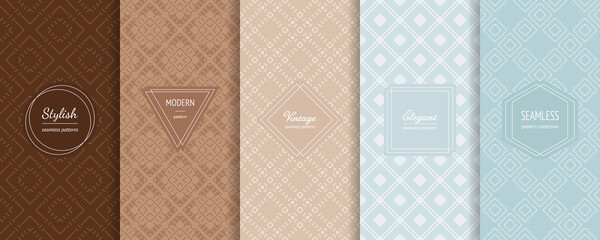 Vector set of vintage seamless patterns in traditional ethnic style. Tribal geometric ornament in trendy pastel colors. Elegant minimal stickers. Nordic winter Christmas textures. Abstract backgrounds
