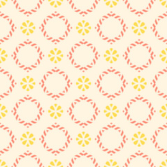 Vector ornamental seamless pattern. Elegant geometric ornament texture with small flower silhouettes, diamonds. Abstract floral background in yellow, orange and beige color. Repeat decorative design