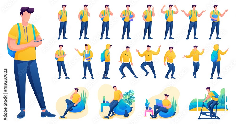 Poster presentation in various poses and actions character. young men. 2d flat character vector illustratio