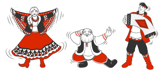 Shrovetide or Maslenitsa. Fastive celebrations, happy dancing people in traditional Russian costumes