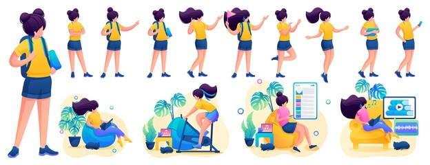 Fototapeta premium Young girl in various poses and actions, communication, work, training. 2D flat character vector illustration N1
