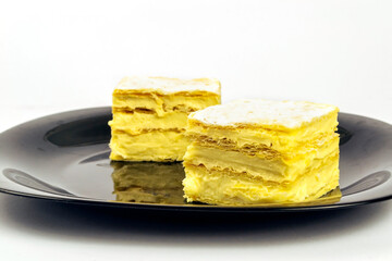 Traditional Balkan and Serbian cremeschnitte, krempita sweet dessert. Selective focus.