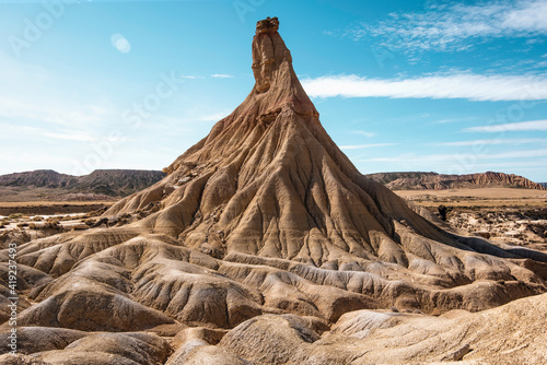 incredible mountain in the desert landscape of Bardenas Reales, Navarra on a sunny summer day.