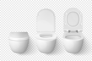 Vector 3d Realistic White Ceramic Closed, Opened Toilet Bowl with Lid Set on Transparent Background. Toilet Room. Plumbing, Mockup, Design Template for Interior, Cleaning, Hygiene Concept. Front View