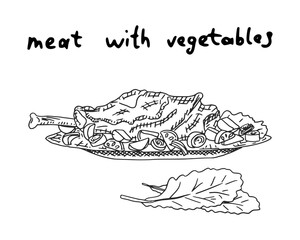 chicken leg with potatoes and vegetables. doodle