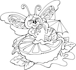 cartoon butterfly with ice cream and citrus on white background, vector  isolated doodle hand drawn illustration for children coloring books, postcards, prints