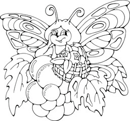 cartoon butterfly with berries in basket on white background, vector  isolated doodle hand drawn illustration for children coloring books, postcards, prints