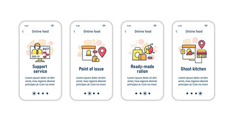 Online food onboarding mobile app screens. Consists of ready-made ration, support service, issue point, ghost kitchen steps menu. Set of UI, UX, web template with RGB color linear icons