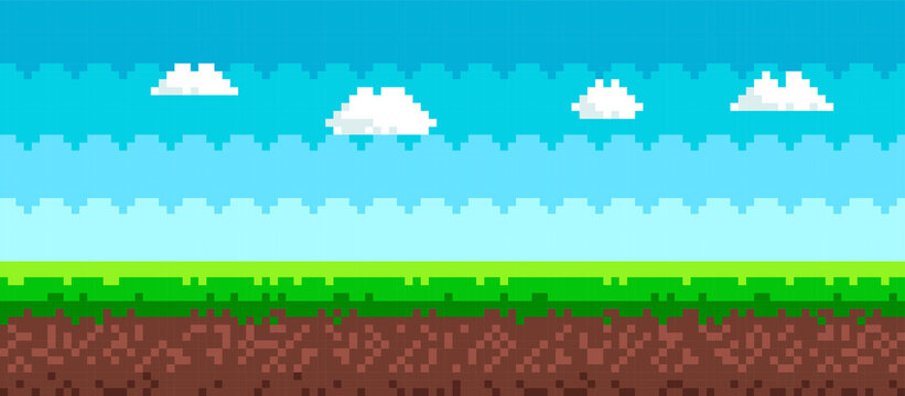 Pixel art game background. 8 bit picture with sky, clouds, ground and grass. Landscape for game or apps. Gaming controller. Vector illustration.