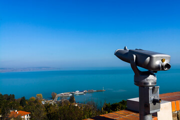 Telescope view of the lake Balaton from the hill of Tihany