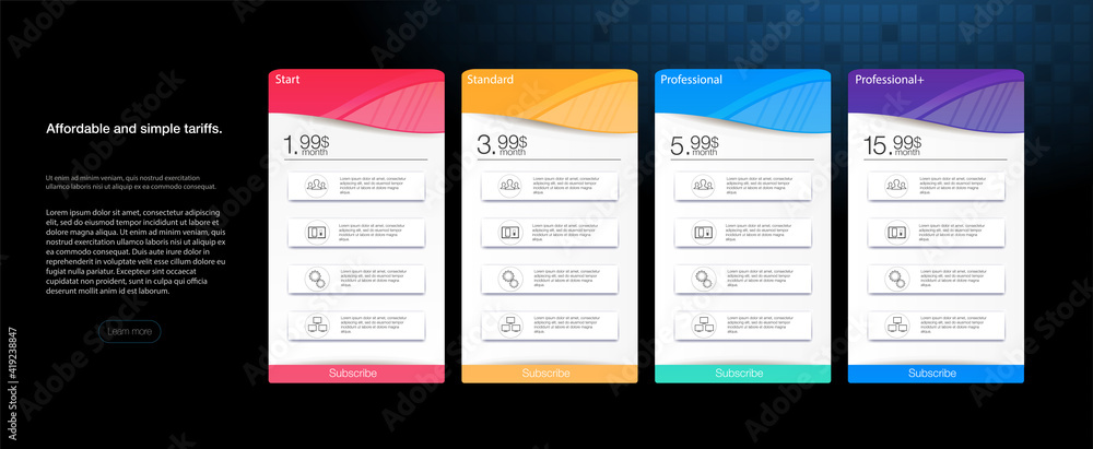 Poster pricing table template with plans type. pricing table, banner. vector illustration of pricing subscr