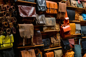 Close up of different leather bags and purses on turkish market