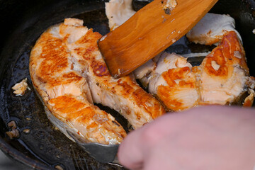 Salmon steak is cooked in a pan